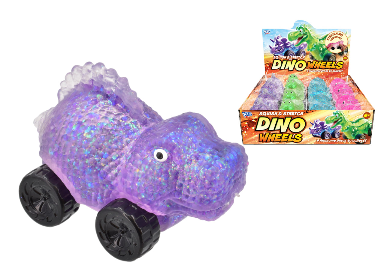Squishy Stretch Glitter Dino Car In Display Box